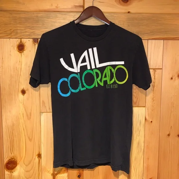 VTG 90s Black Cotton VAIL COLORADO Retro Ski Graphic Tee Shirt Small / Medium - Picture 6 of 7